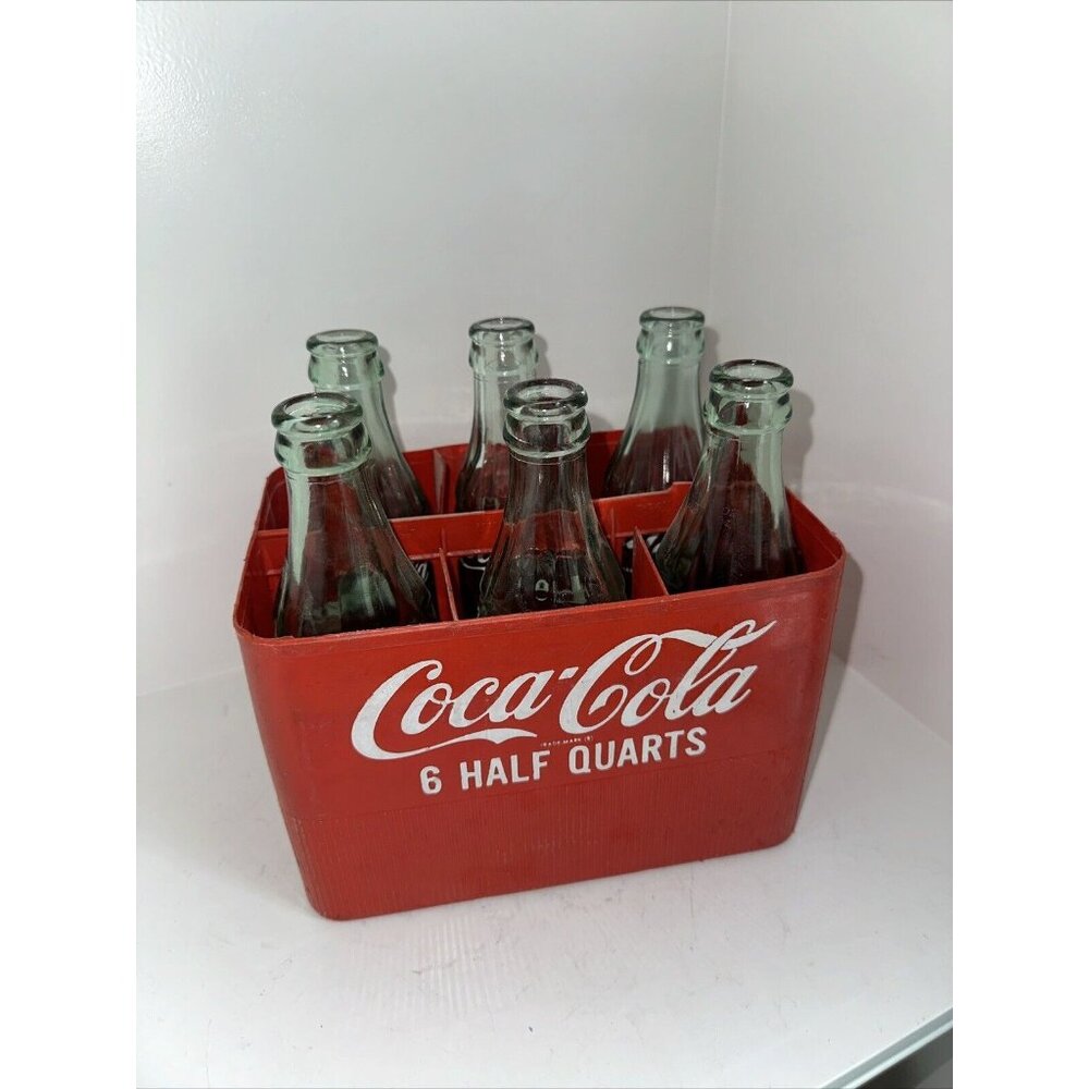 Coca Cola advertising Six Pack 6.5 Mini Bottles in Red Plastic Case Handle Broke